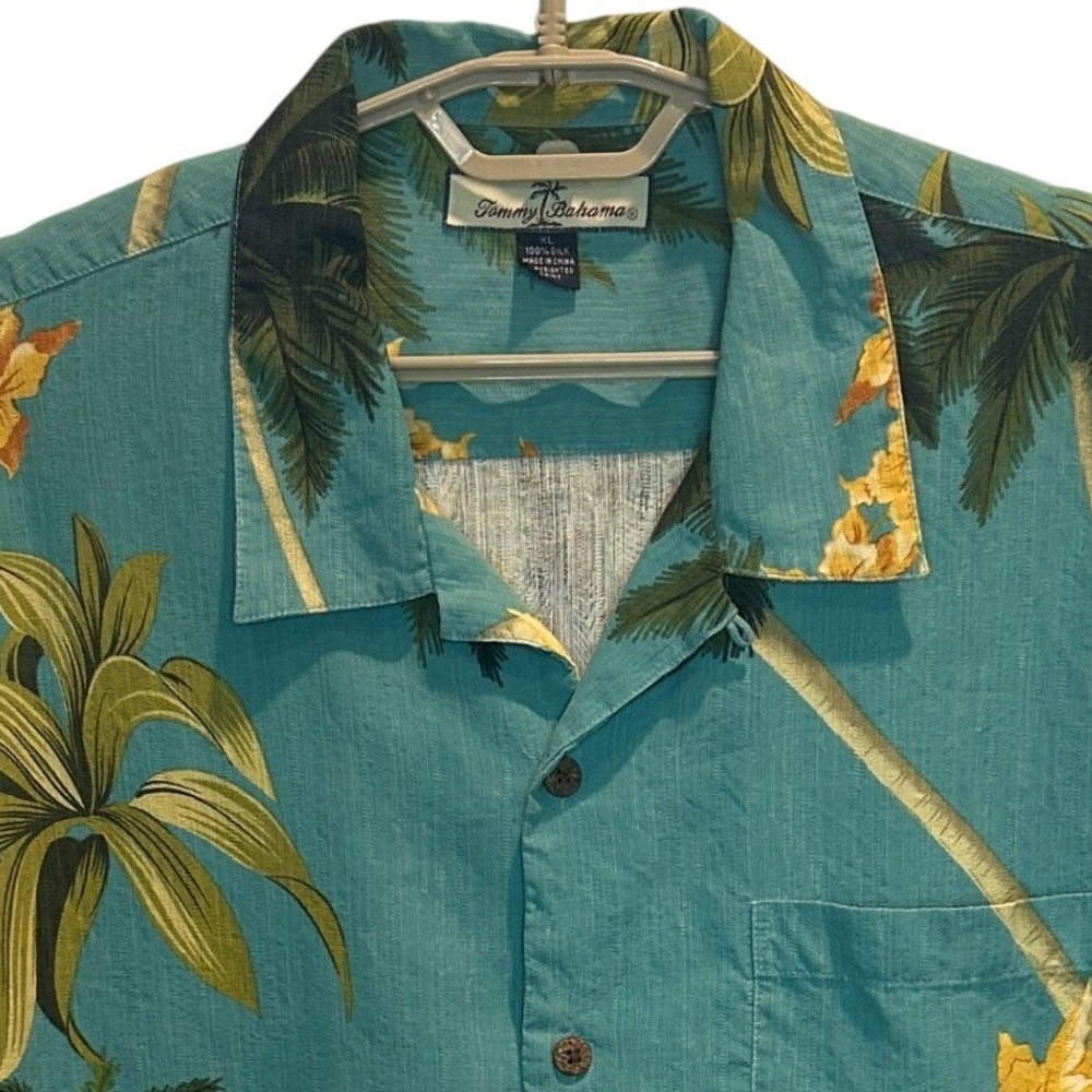 Tommy Bahama Silk Shirt XL Mens Teal Tropical Palm Tree Floral Camp Button Front